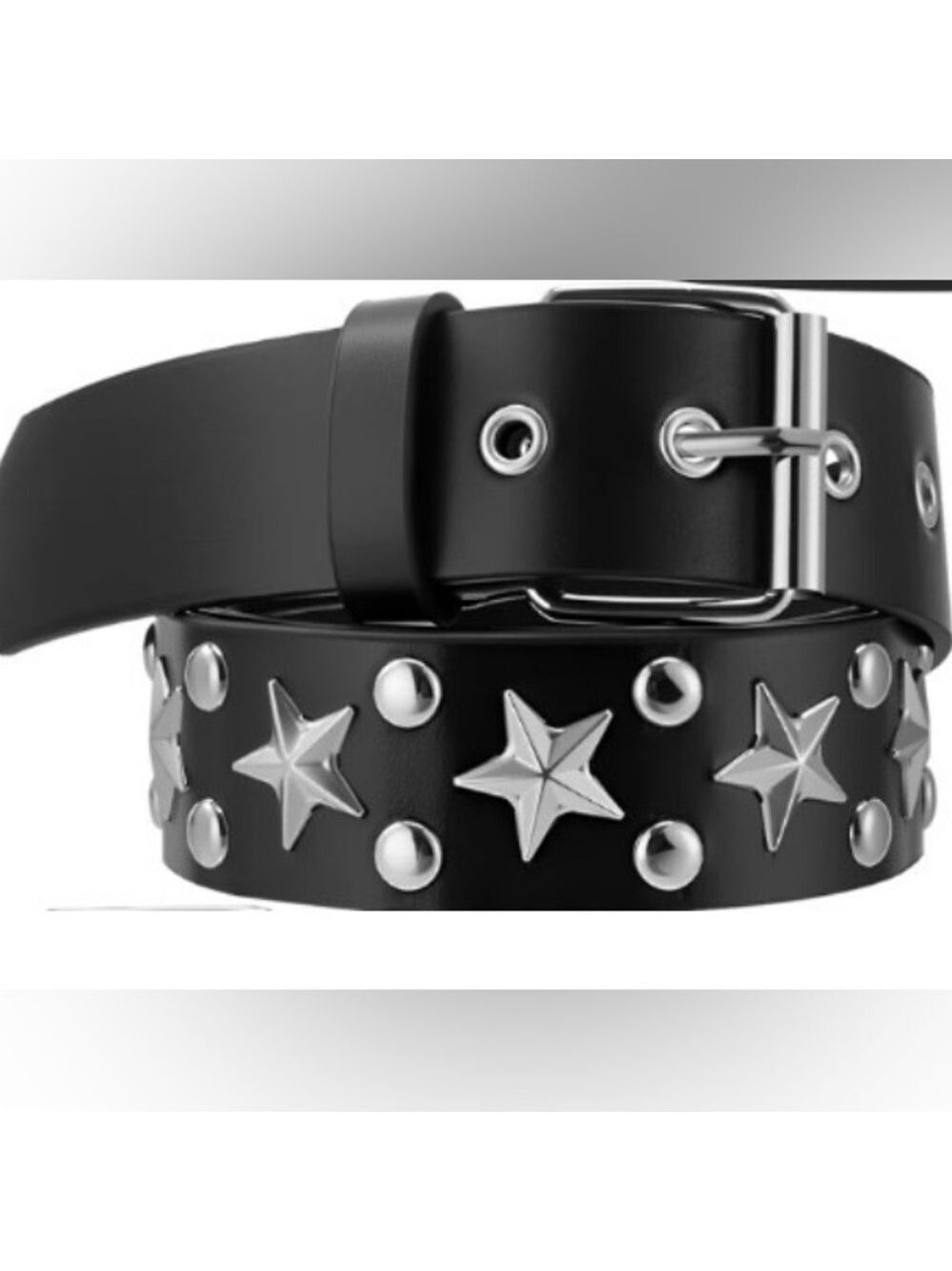 ⚫️Black Leather Star Studded Belt Punk Gothic Y2K Unisex Silver Rivet Waist Belt - Picture 4 of 4